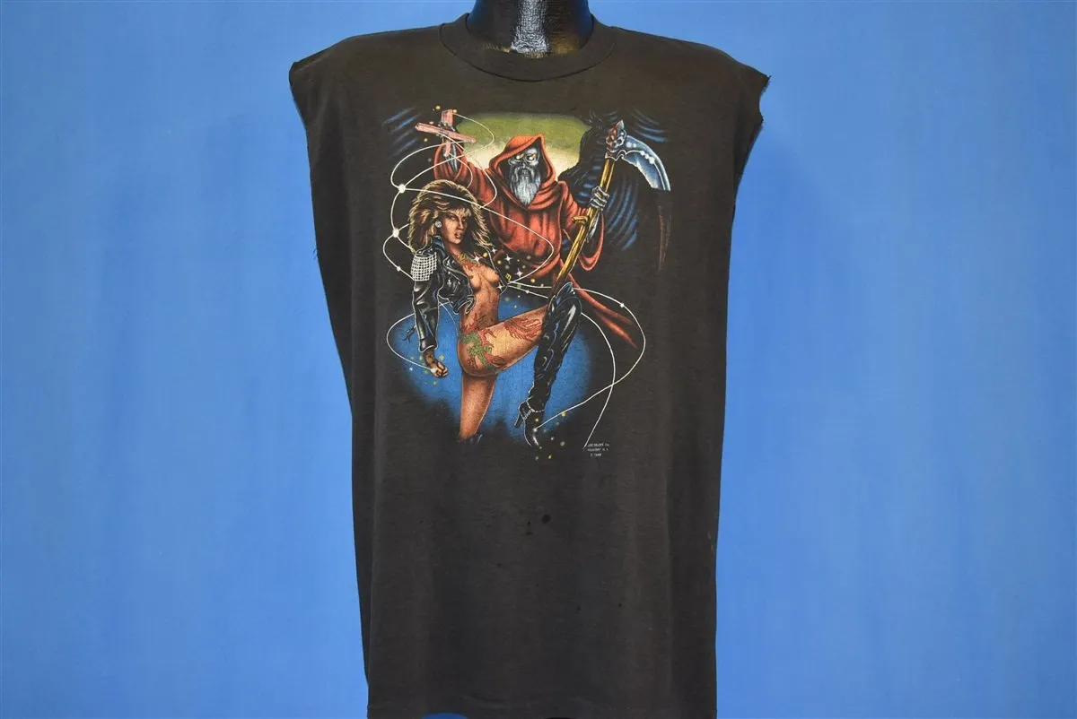 80s 3D Emblem Biker Reaper Pinup Cut t-shirt Extra Large