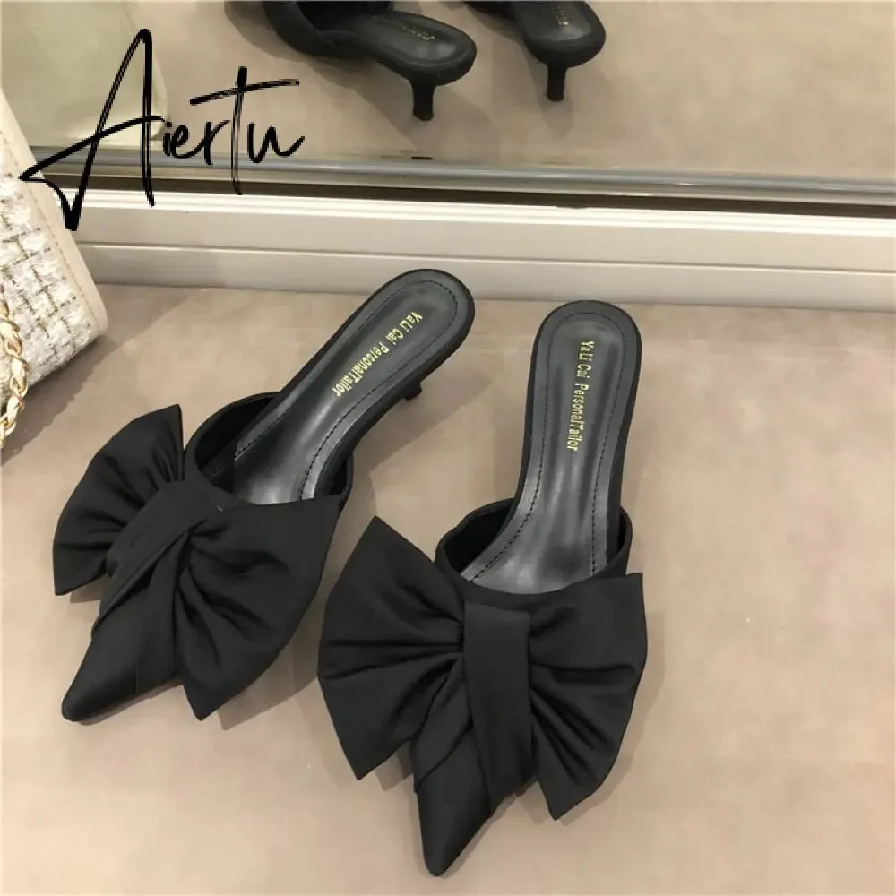 Aiertu Spring Pointed Toe Stiletto Heel Kitten Heels Bow Heel-Free Slippers for Women