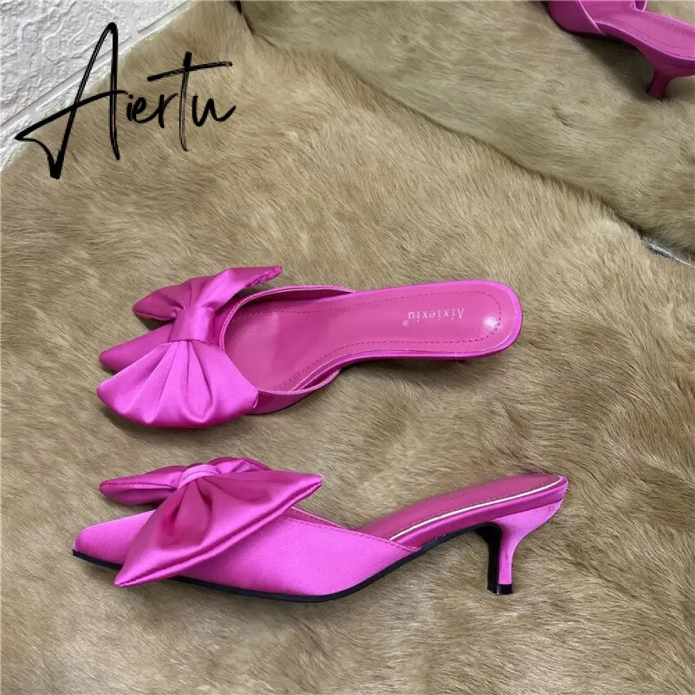 Aiertu Spring Pointed Toe Stiletto Heel Kitten Heels Bow Heel-Free Slippers for Women