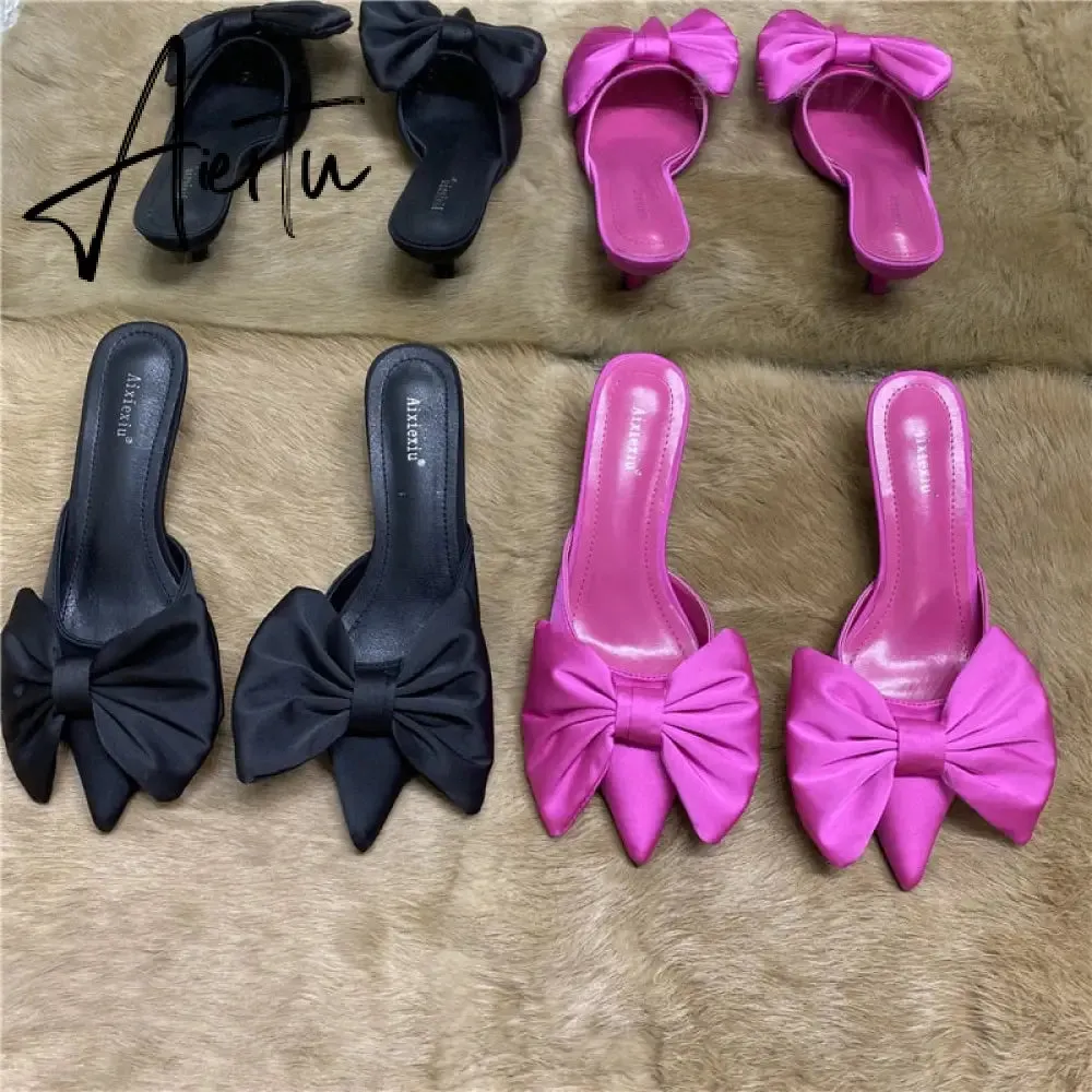 Aiertu Spring Pointed Toe Stiletto Heel Kitten Heels Bow Heel-Free Slippers for Women