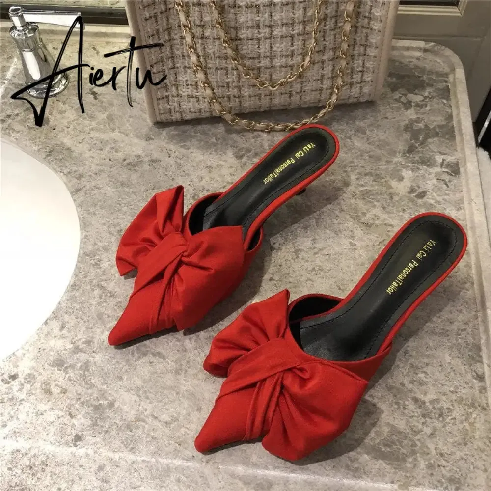 Aiertu Spring Pointed Toe Stiletto Heel Kitten Heels Bow Heel-Free Slippers for Women