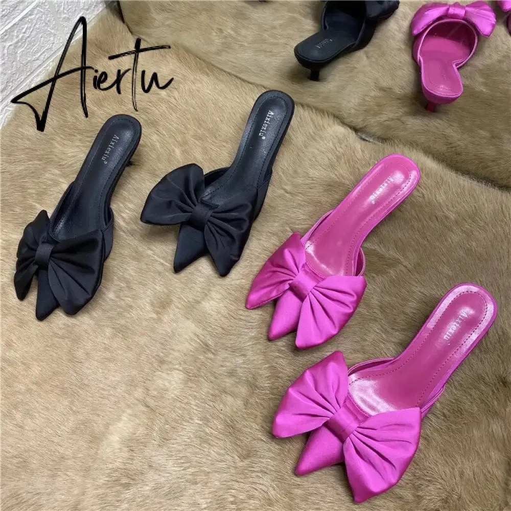Aiertu Spring Pointed Toe Stiletto Heel Kitten Heels Bow Heel-Free Slippers for Women