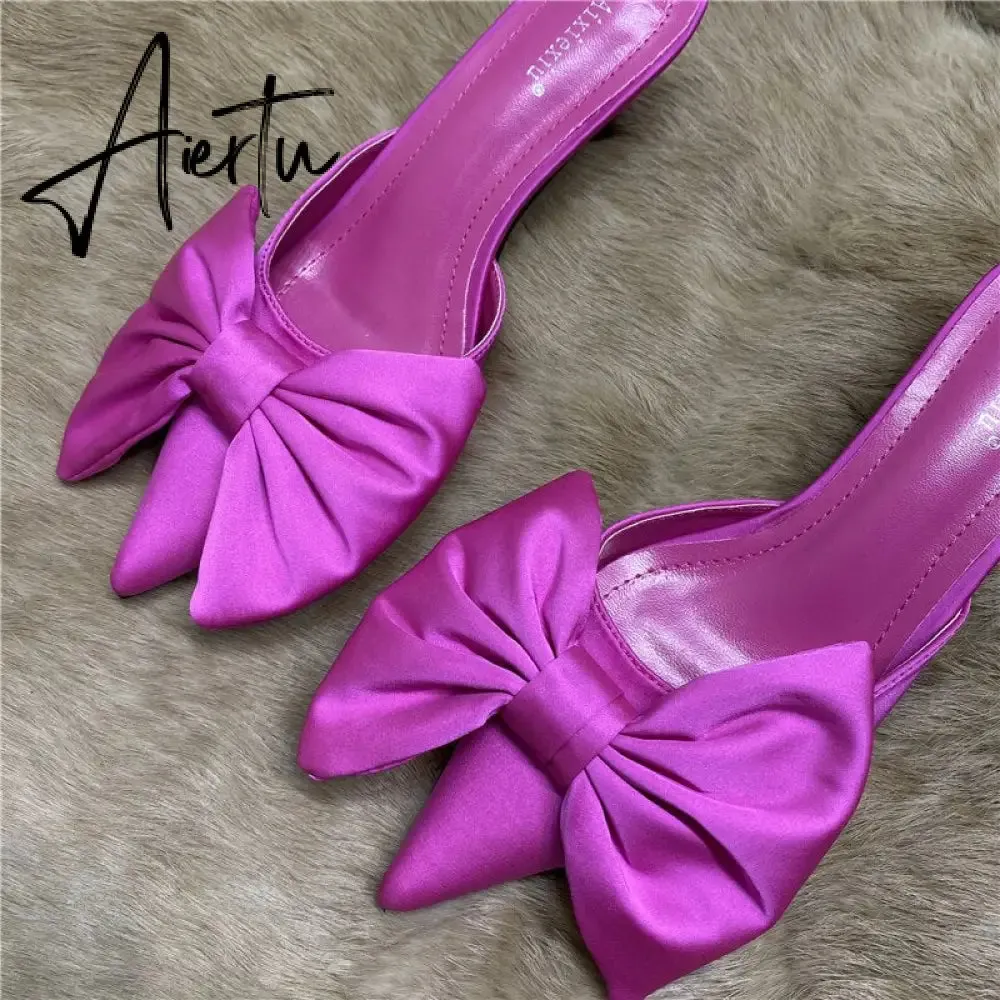 Aiertu Spring Pointed Toe Stiletto Heel Kitten Heels Bow Heel-Free Slippers for Women