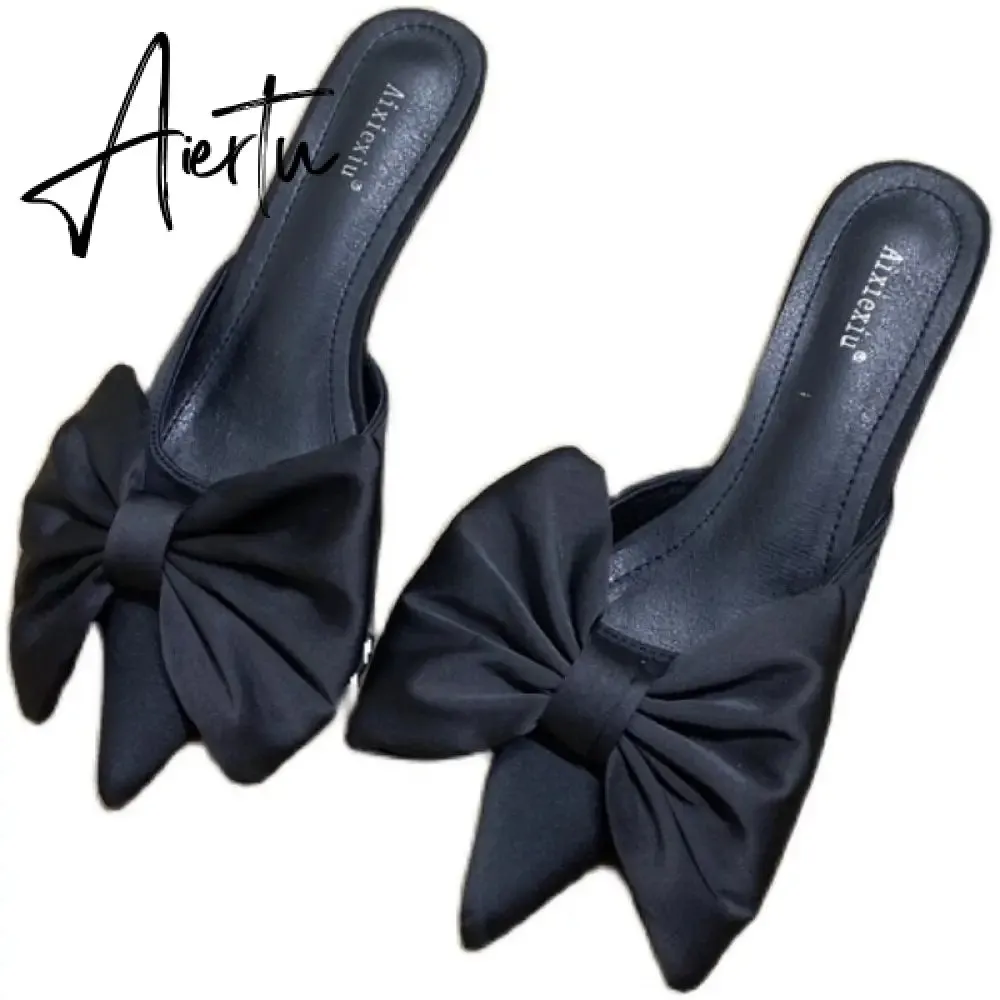 Aiertu Spring Pointed Toe Stiletto Heel Kitten Heels Bow Heel-Free Slippers for Women