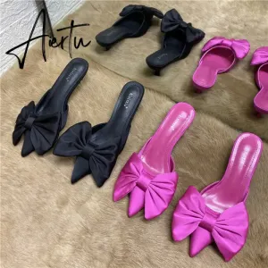 Aiertu Spring Pointed Toe Stiletto Heel Kitten Heels Bow Heel-Free Slippers for Women
