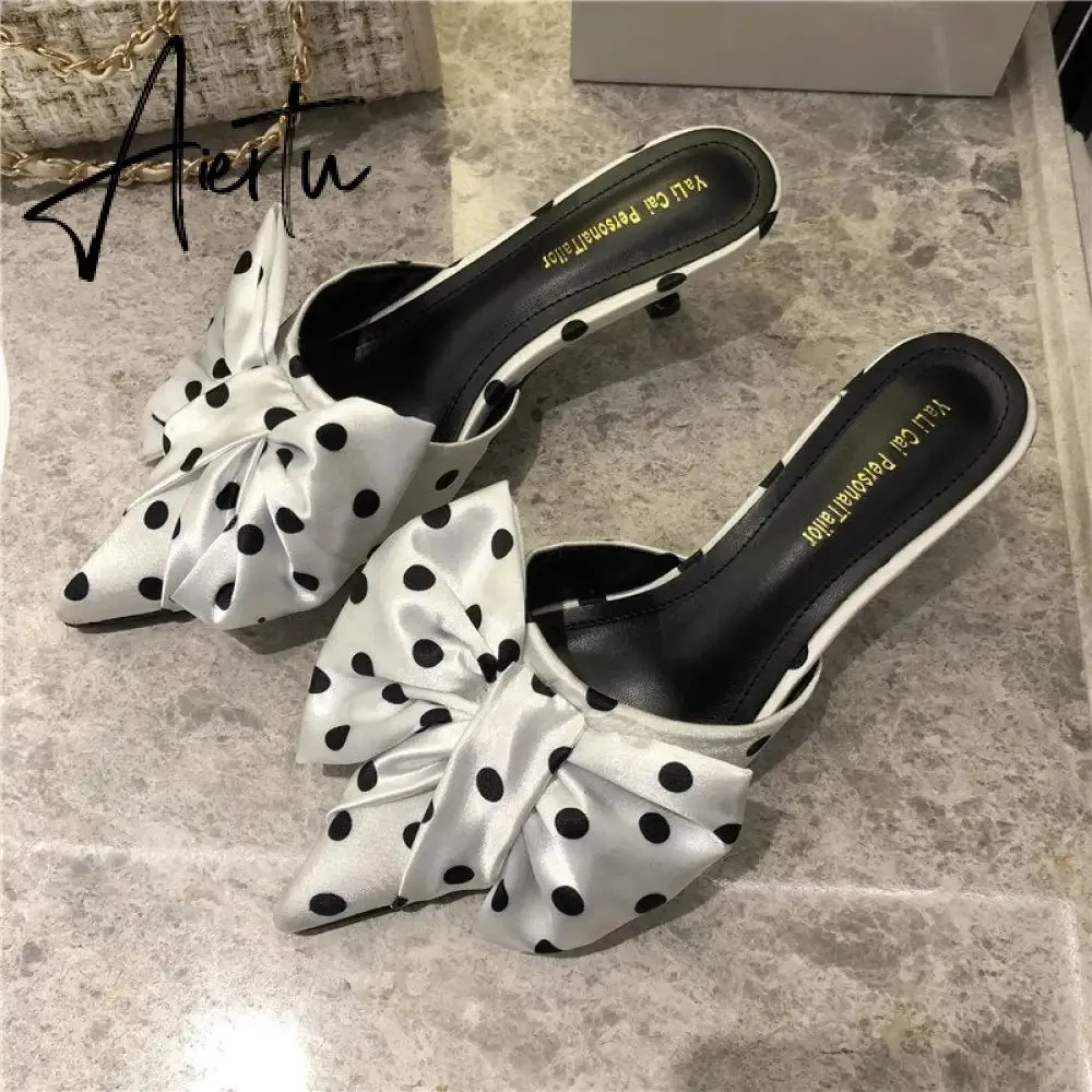 Aiertu Spring Pointed Toe Stiletto Heel Kitten Heels Bow Heel-Free Slippers for Women