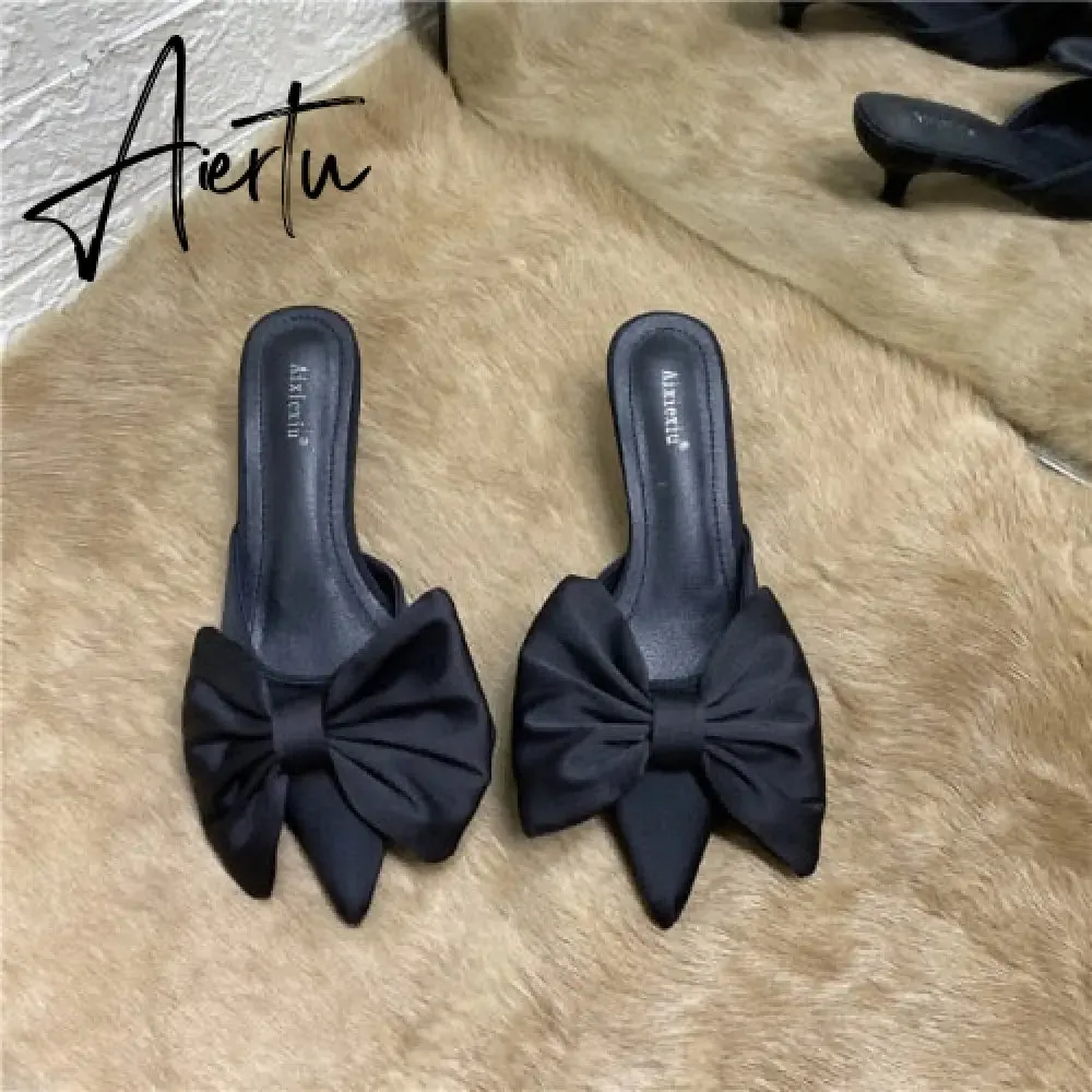 Aiertu Spring Pointed Toe Stiletto Heel Kitten Heels Bow Heel-Free Slippers for Women