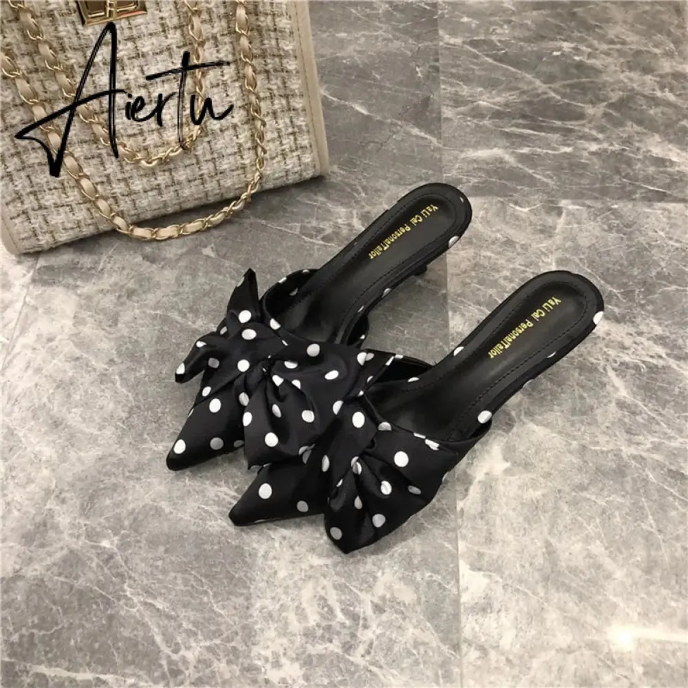 Aiertu Spring Pointed Toe Stiletto Heel Kitten Heels Bow Heel-Free Slippers for Women