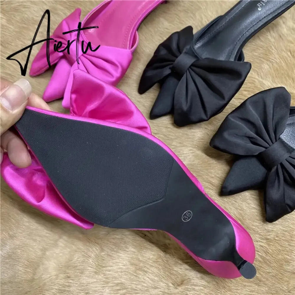 Aiertu Spring Pointed Toe Stiletto Heel Kitten Heels Bow Heel-Free Slippers for Women