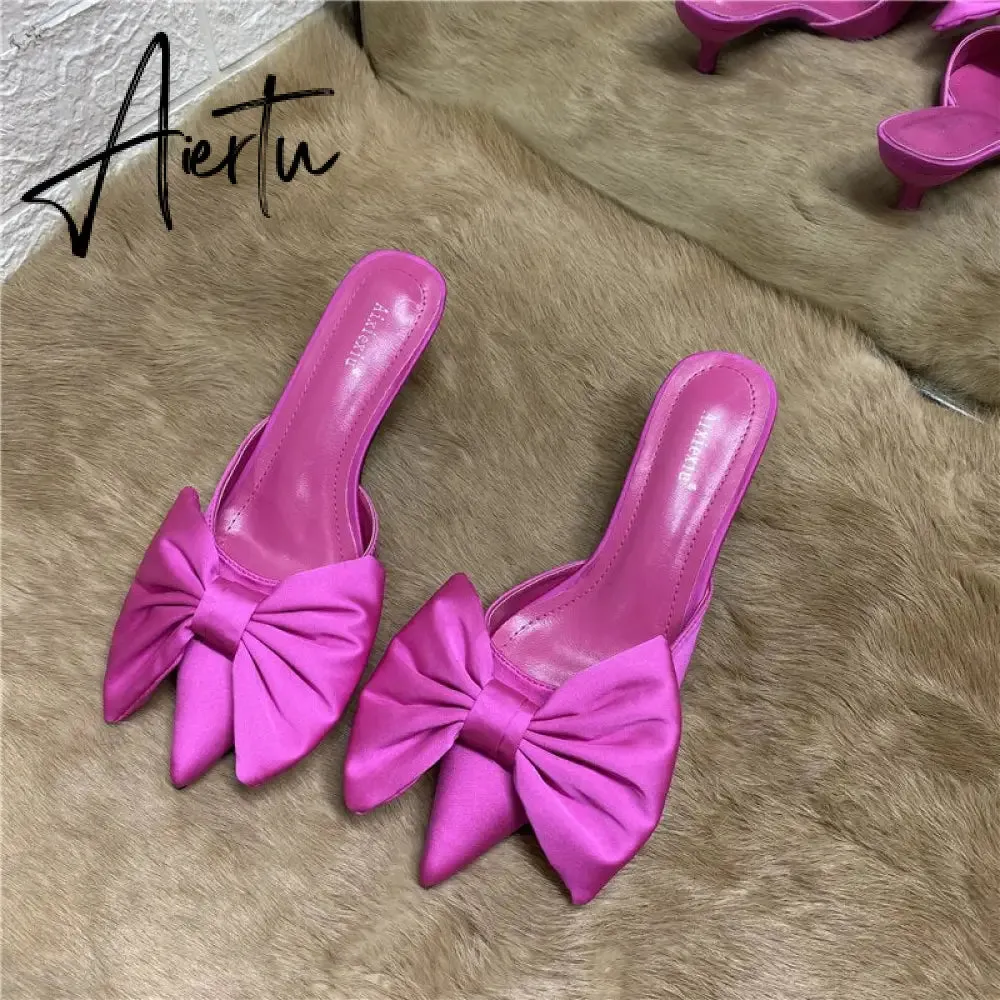 Aiertu Spring Pointed Toe Stiletto Heel Kitten Heels Bow Heel-Free Slippers for Women
