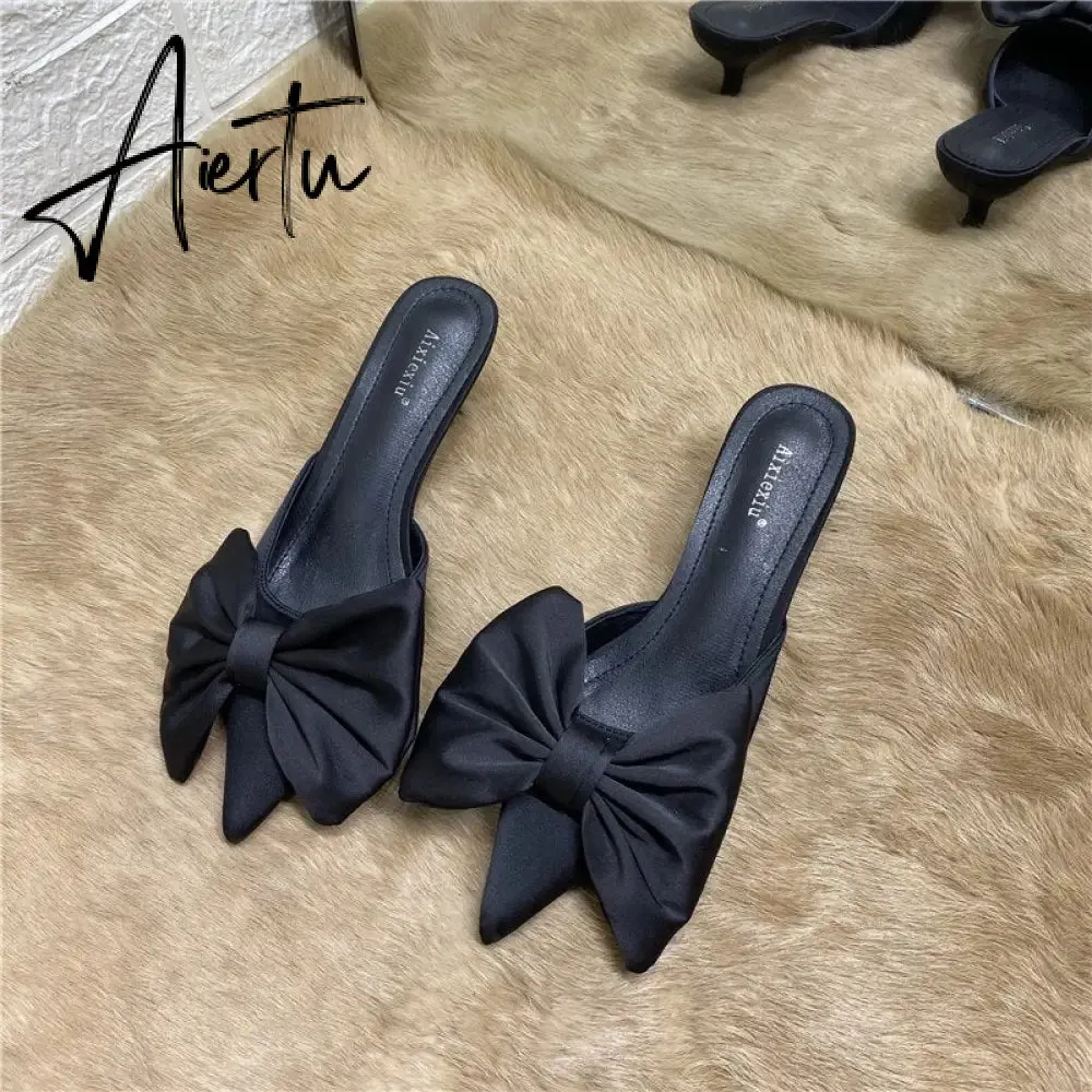 Aiertu Spring Pointed Toe Stiletto Heel Kitten Heels Bow Heel-Free Slippers for Women