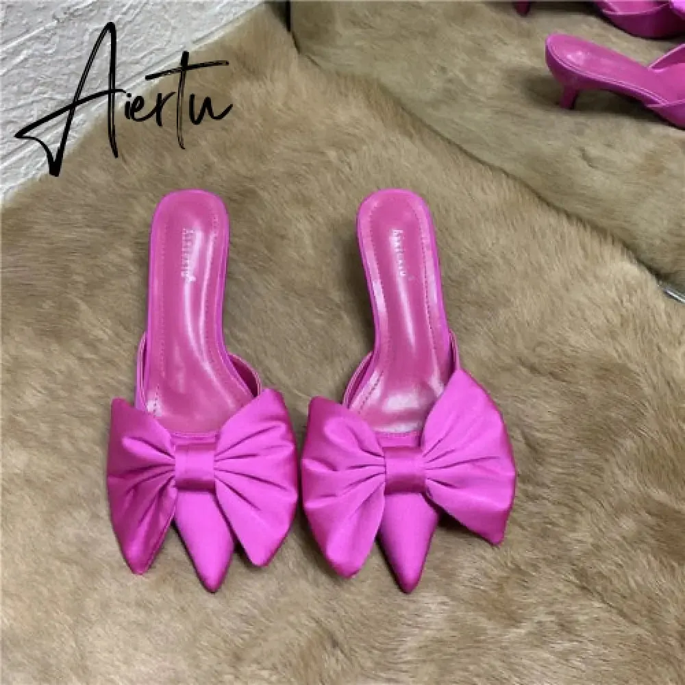Aiertu Spring Pointed Toe Stiletto Heel Kitten Heels Bow Heel-Free Slippers for Women