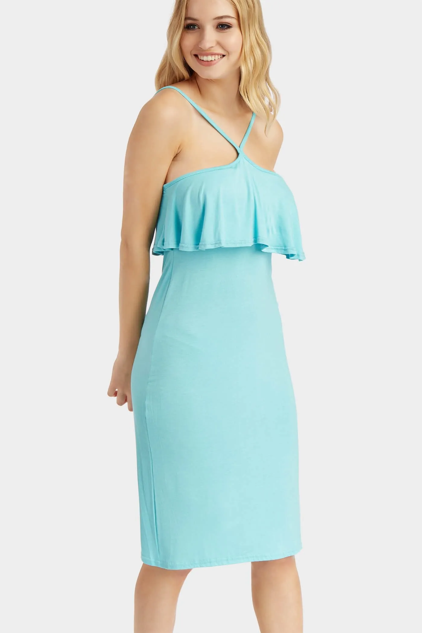 Aqua Large Frill V Strappy Mini Dress
