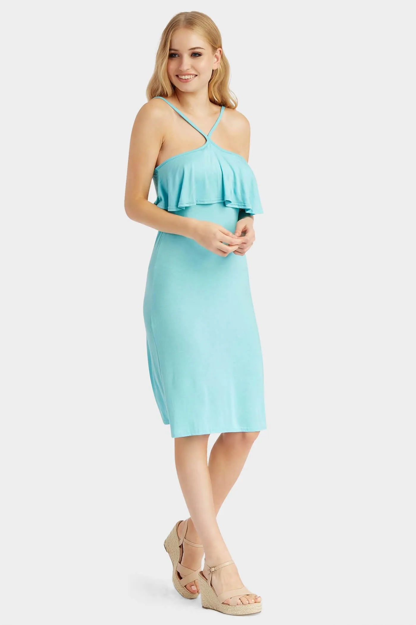 Aqua Large Frill V Strappy Mini Dress