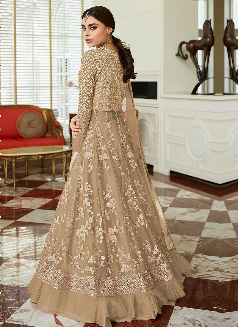 Beige Golden Embroidered Net Anarkali Lehenga Suit