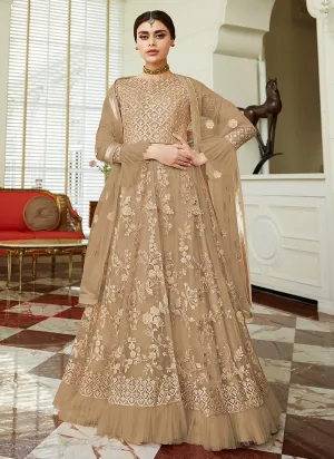Beige Golden Embroidered Net Anarkali Lehenga Suit