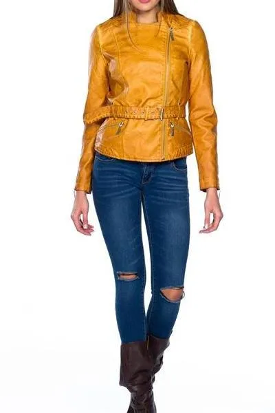 Belted Biker Leather Jacket (Sienna)