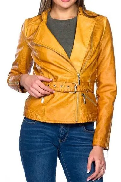 Belted Biker Leather Jacket (Sienna)