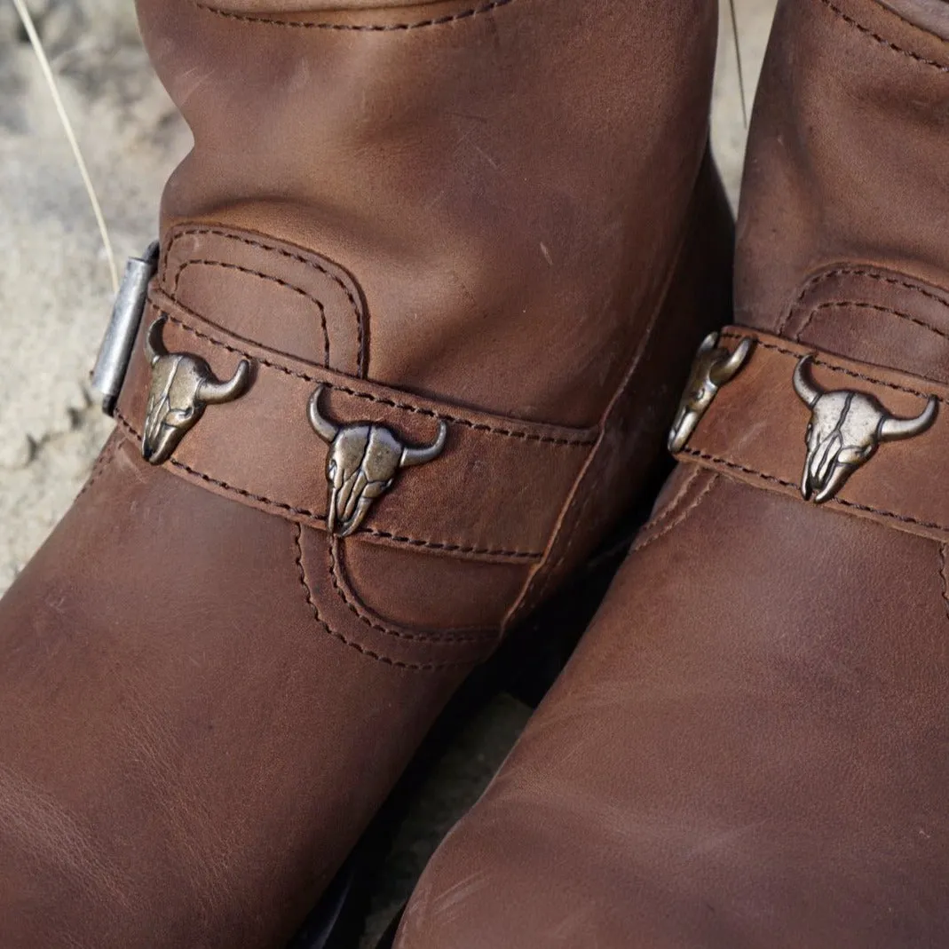 Biker boots short double skull - brown