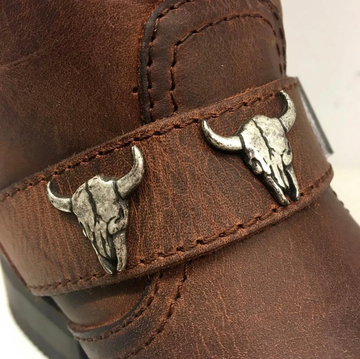 Biker boots short double skull - brown