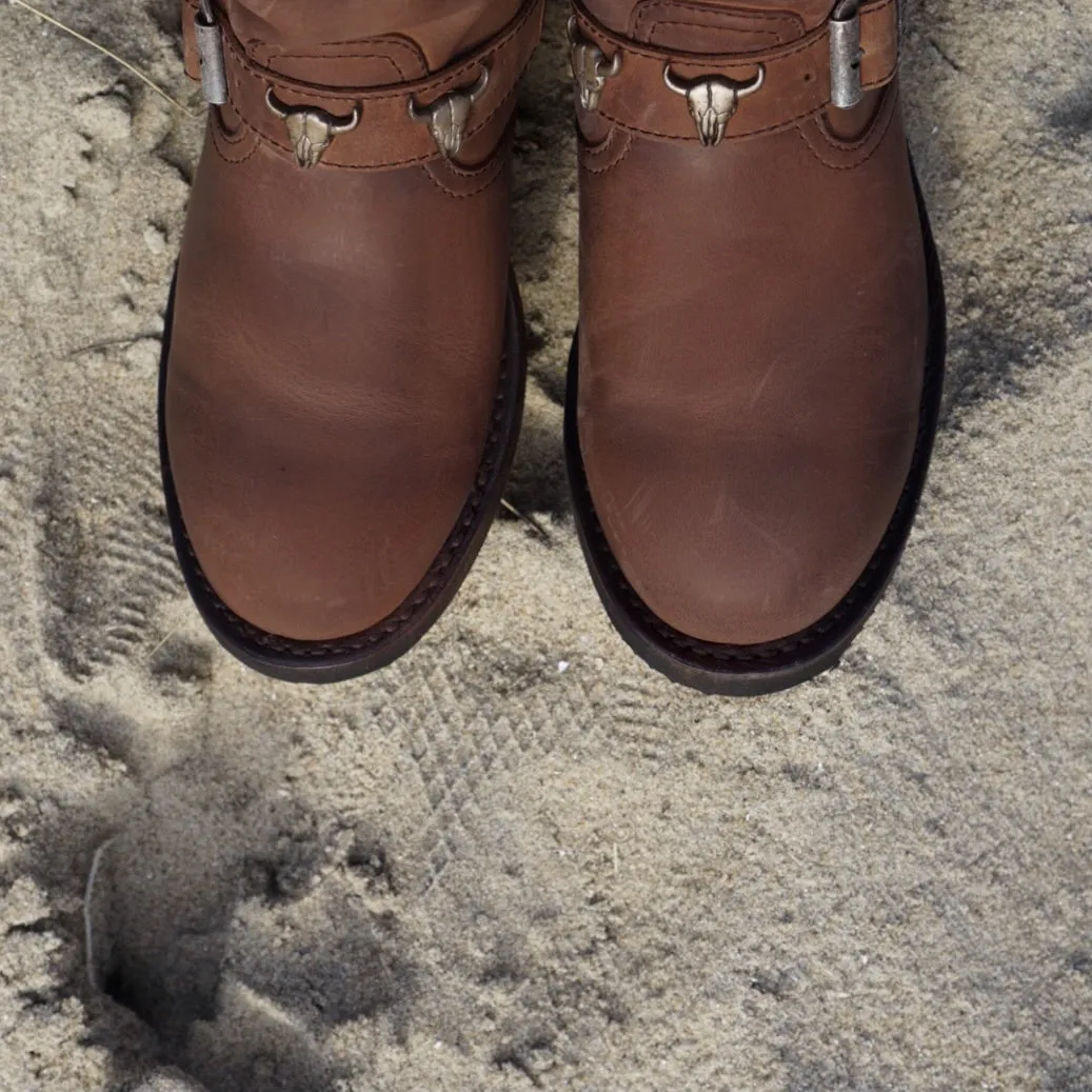 Biker boots short double skull - brown