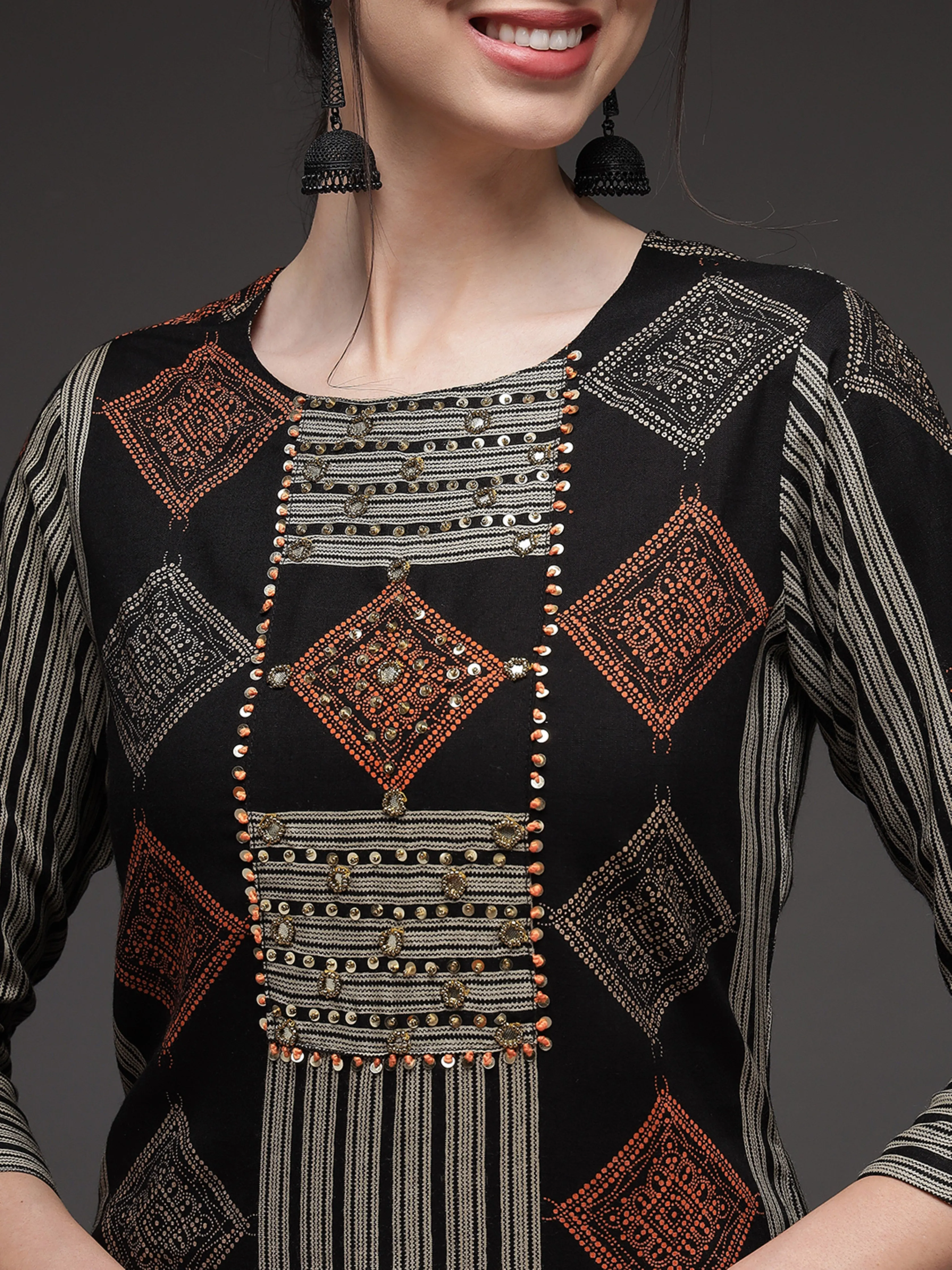 Black Color Rayon Slub Straight Womens Kurta