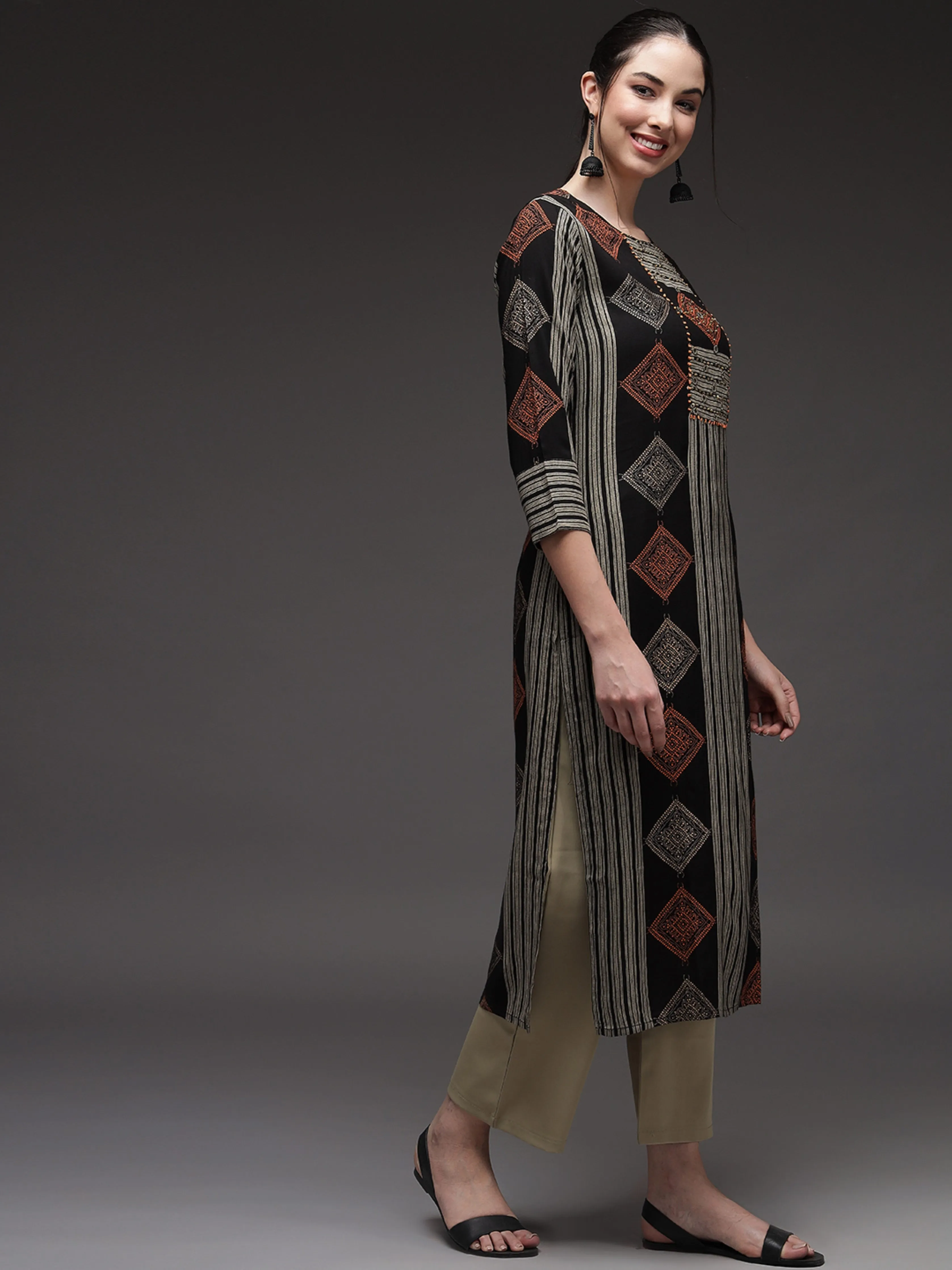 Black Color Rayon Slub Straight Womens Kurta