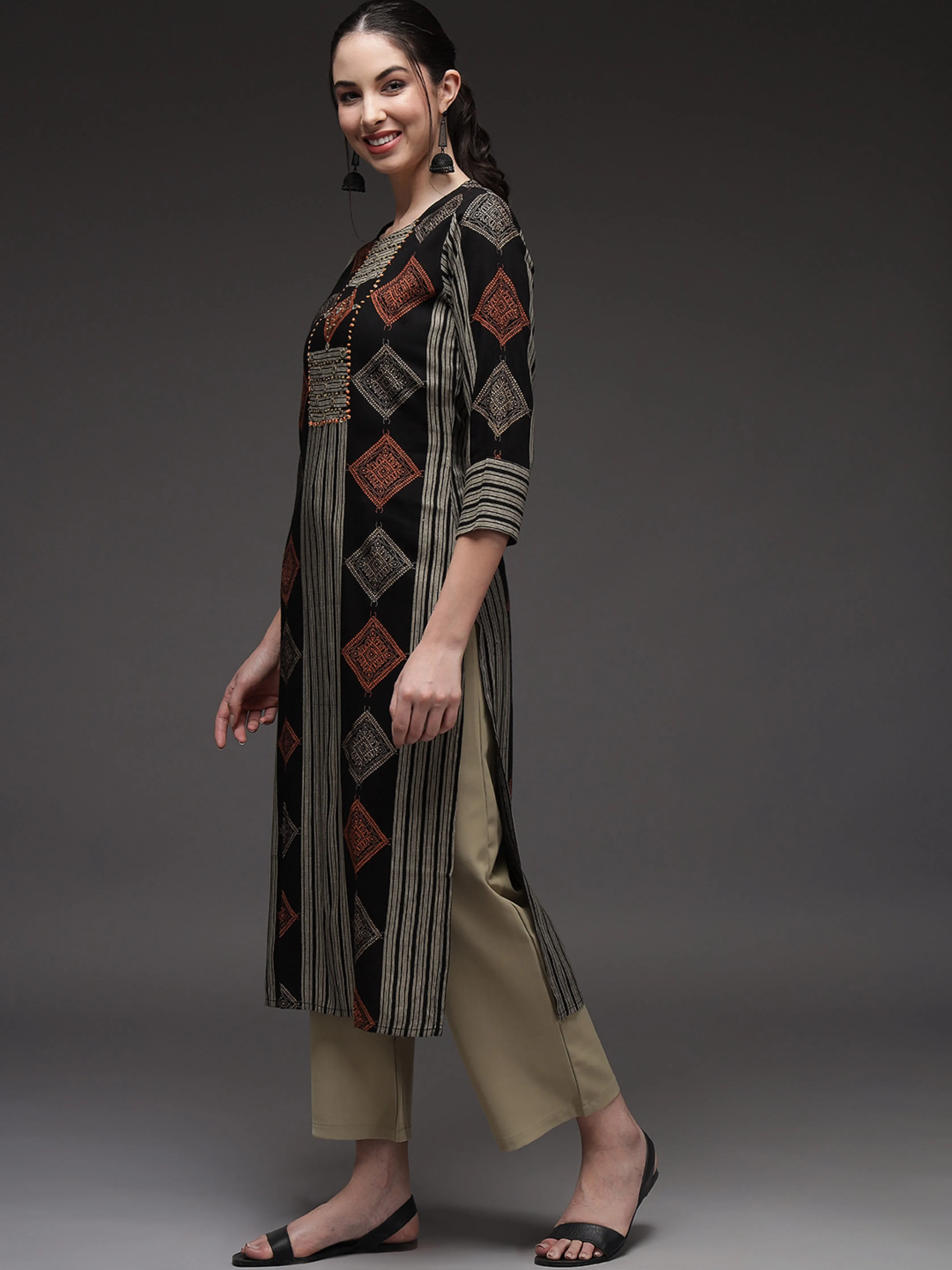Black Color Rayon Slub Straight Womens Kurta