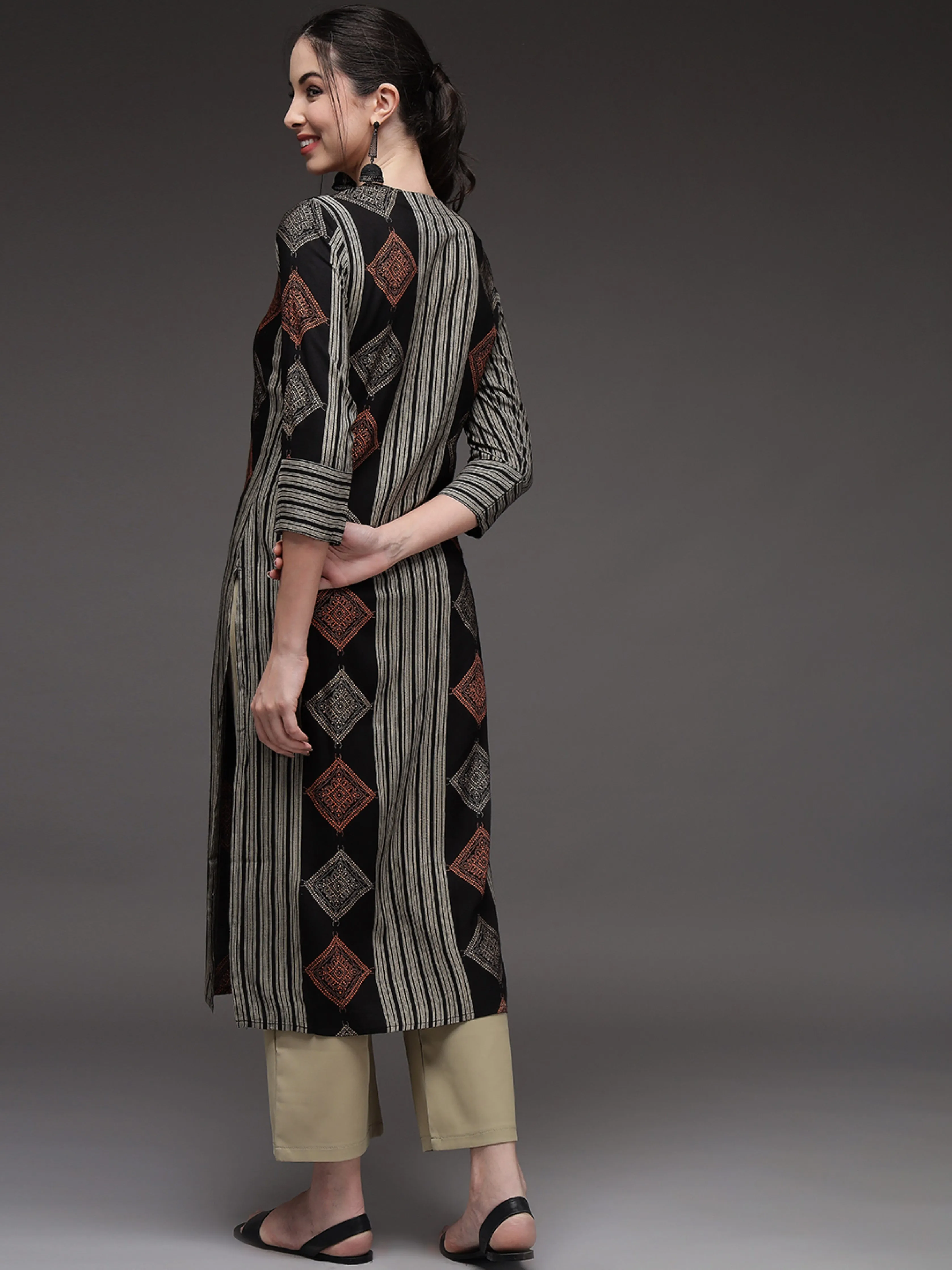 Black Color Rayon Slub Straight Womens Kurta