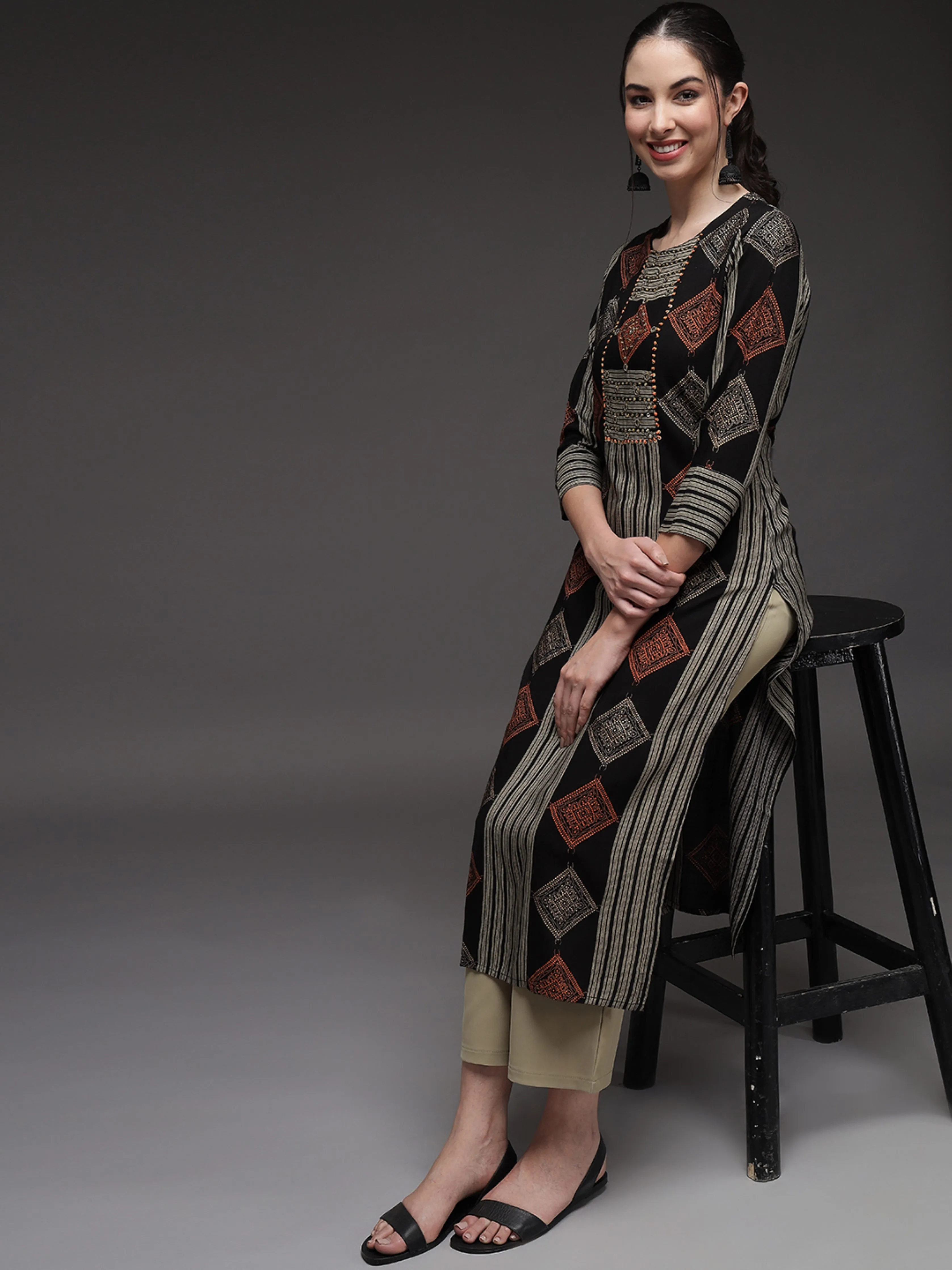 Black Color Rayon Slub Straight Womens Kurta
