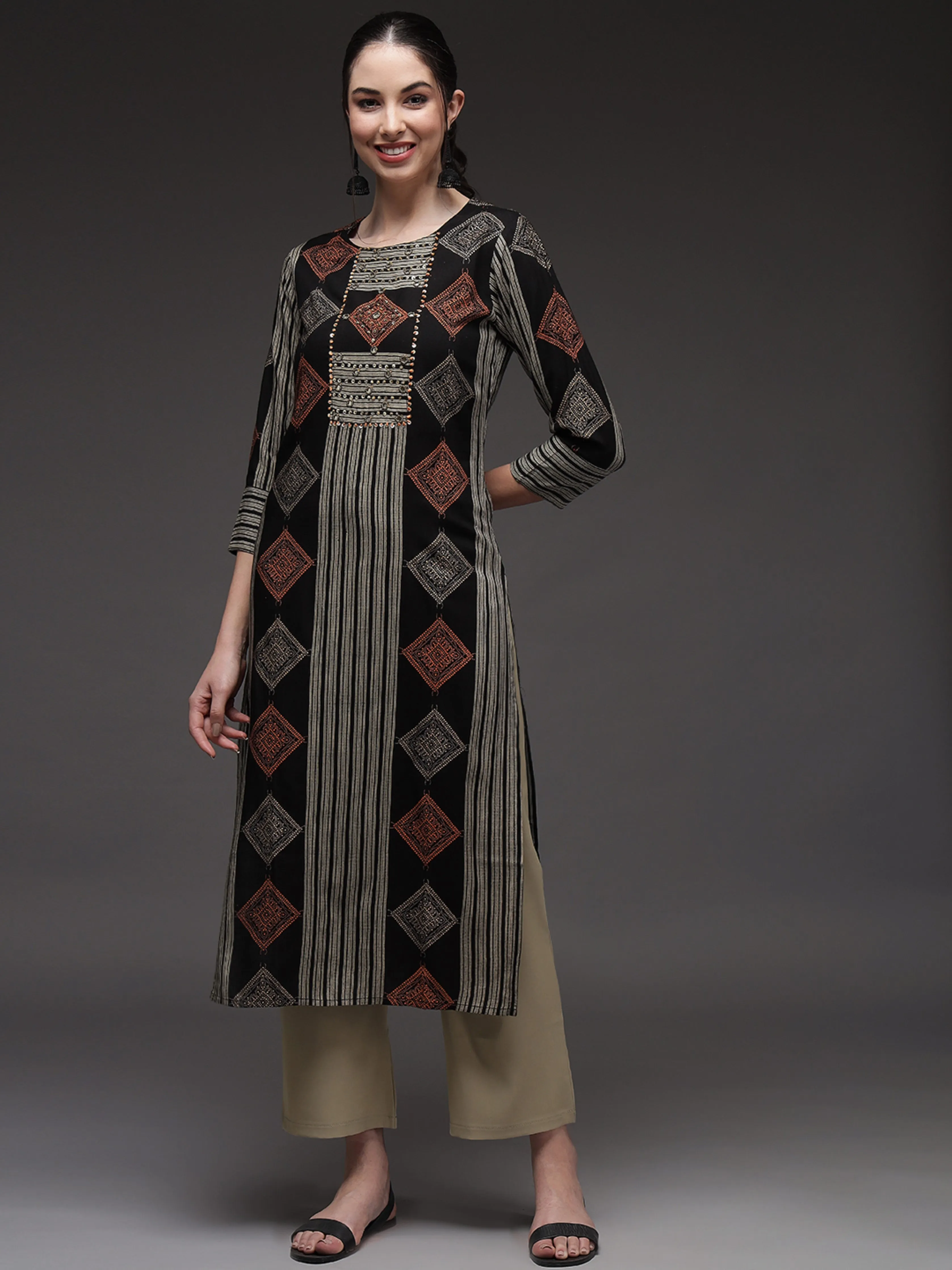 Black Color Rayon Slub Straight Womens Kurta