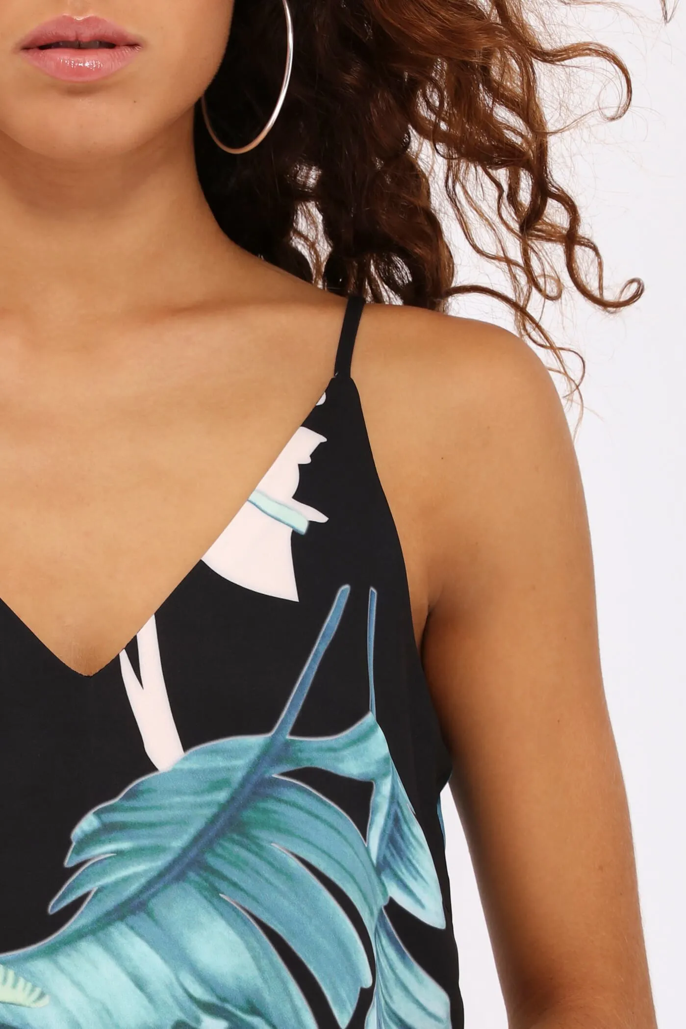 Black Leaf Print Strappy Dress