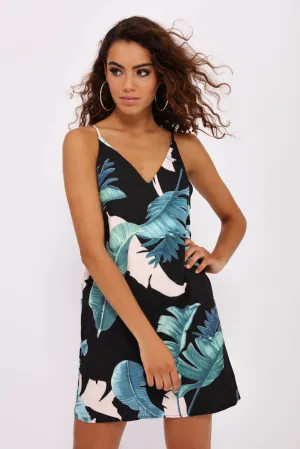 Black Leaf Print Strappy Dress
