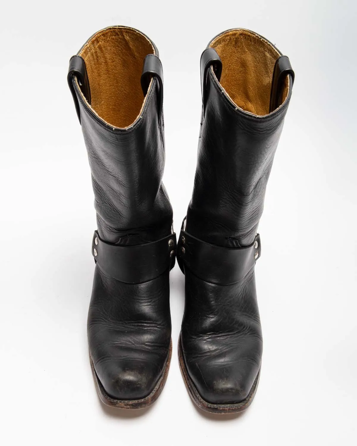BLACK LEATHER LOW HEEL MID-CALF BIKER BOOTS