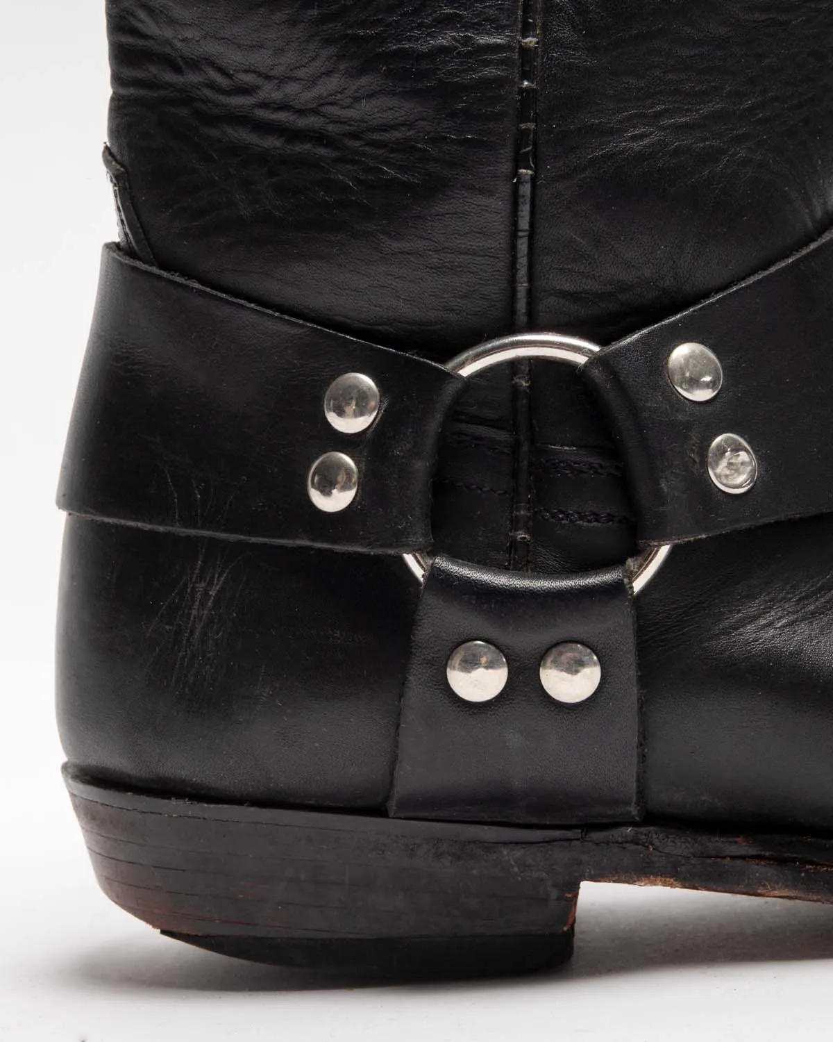 BLACK LEATHER LOW HEEL MID-CALF BIKER BOOTS