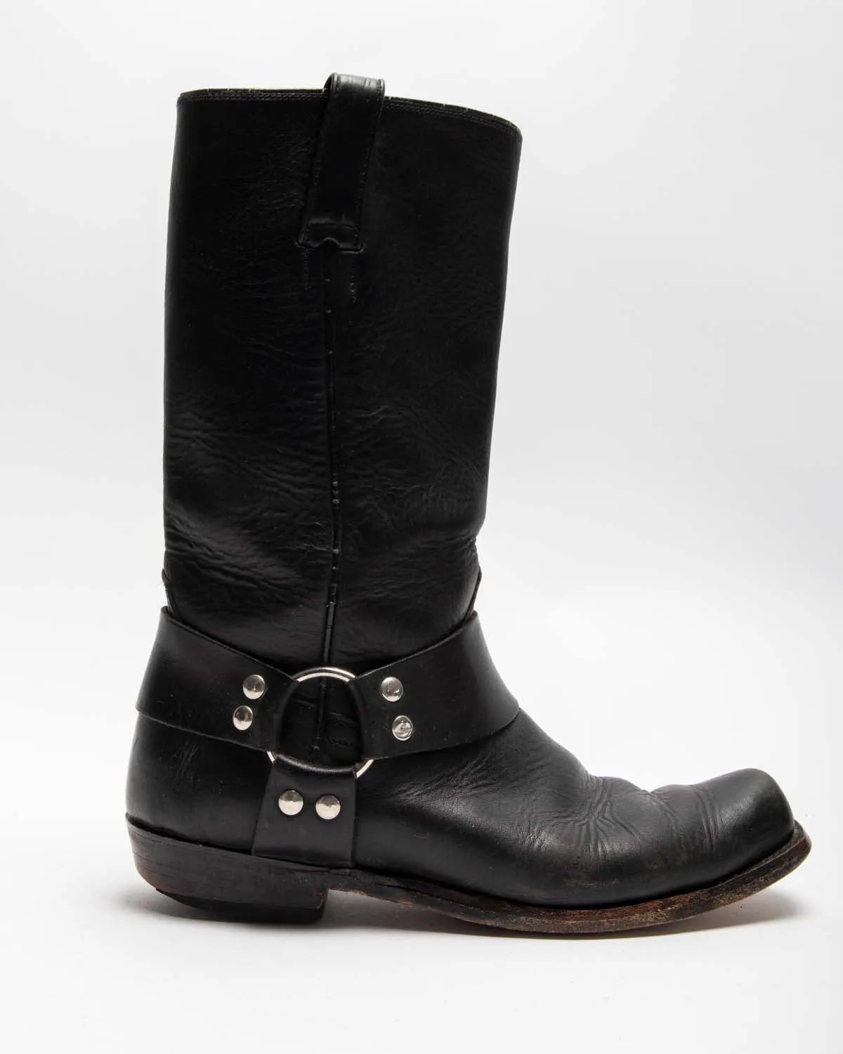 BLACK LEATHER LOW HEEL MID-CALF BIKER BOOTS