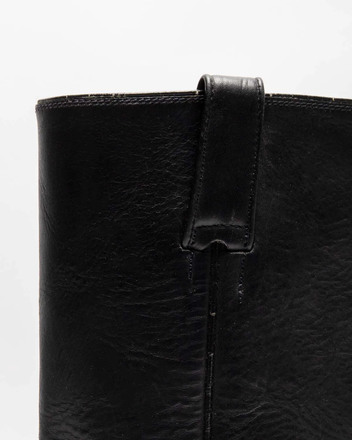 BLACK LEATHER LOW HEEL MID-CALF BIKER BOOTS