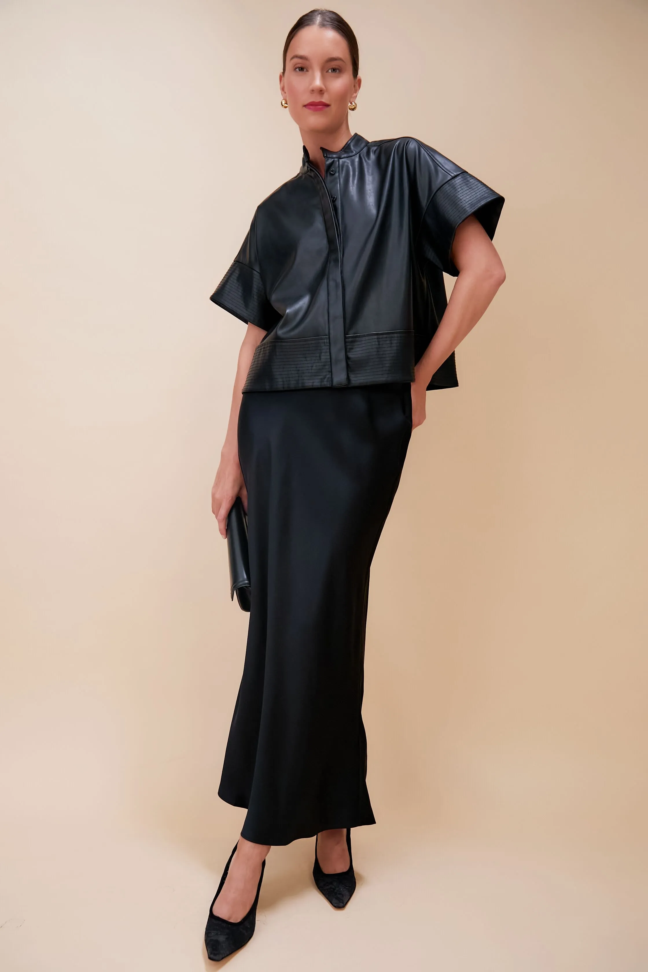 Black Leather Trapunto Stitch Sofia Shirt