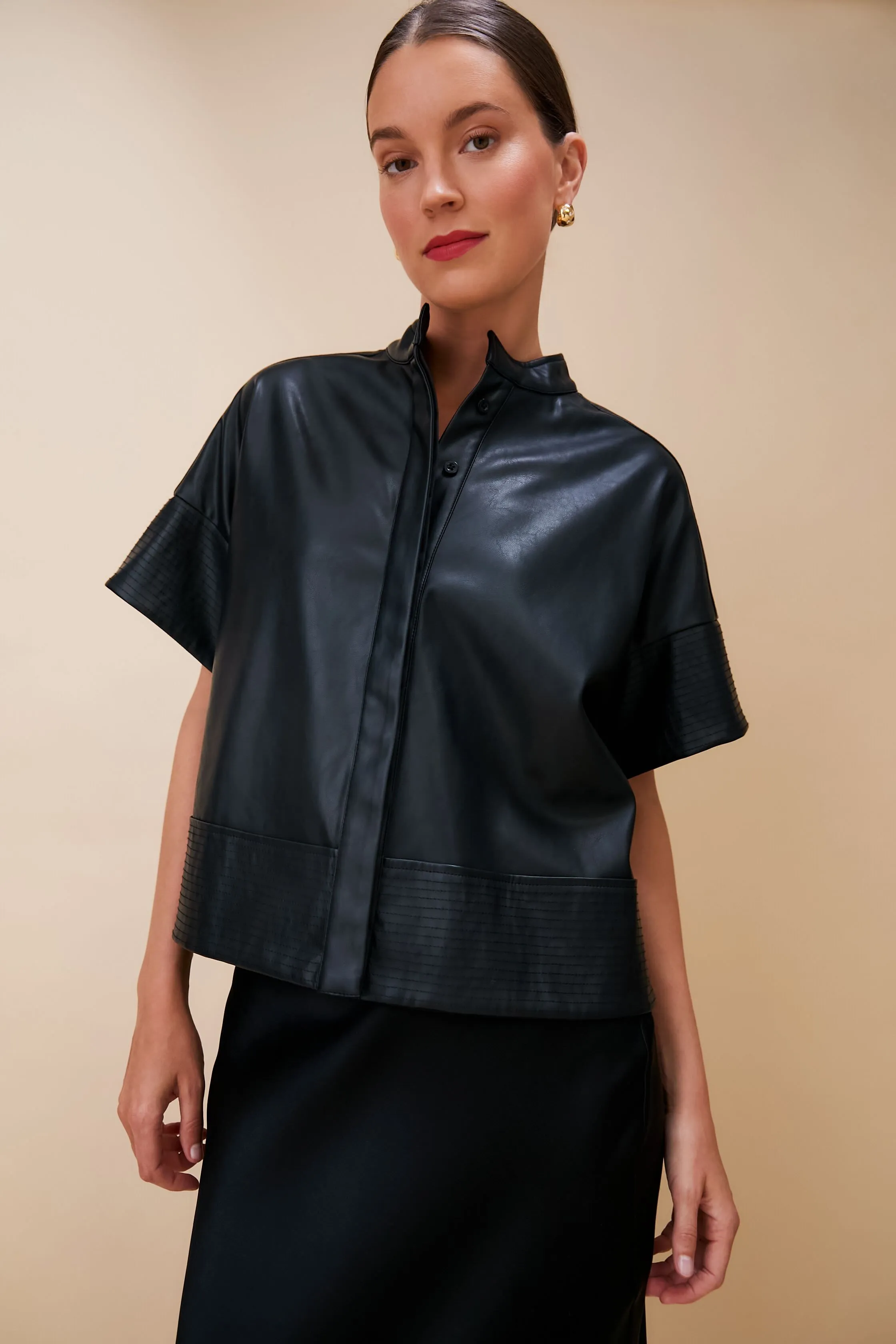 Black Leather Trapunto Stitch Sofia Shirt