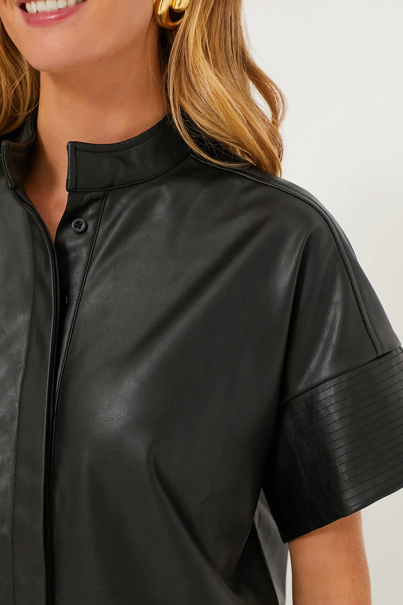 Black Leather Trapunto Stitch Sofia Shirt