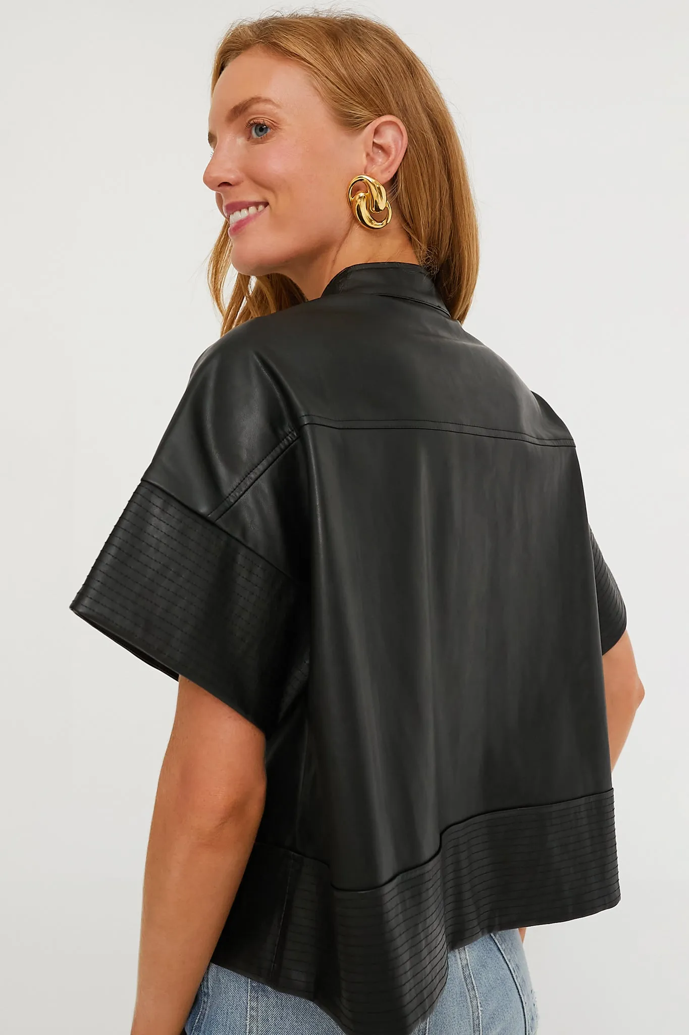 Black Leather Trapunto Stitch Sofia Shirt
