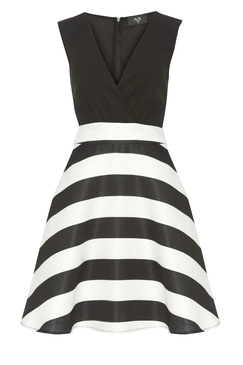 Black Plunge Skater Dress With Striped Print