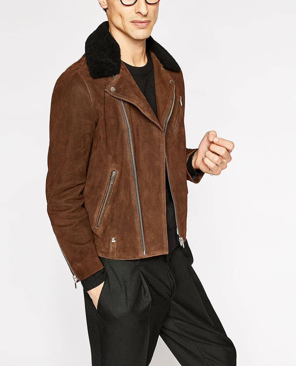 Blouson daim camel col mouton