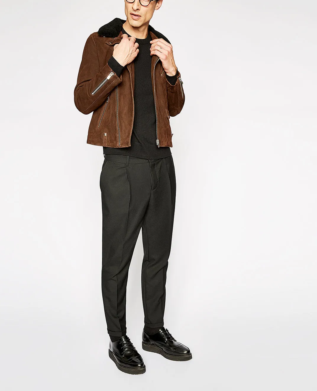Blouson daim camel col mouton