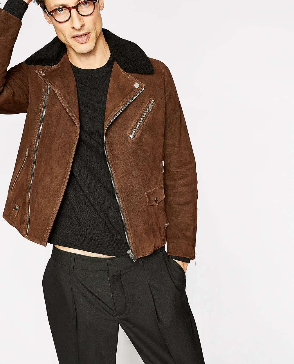 Blouson daim camel col mouton