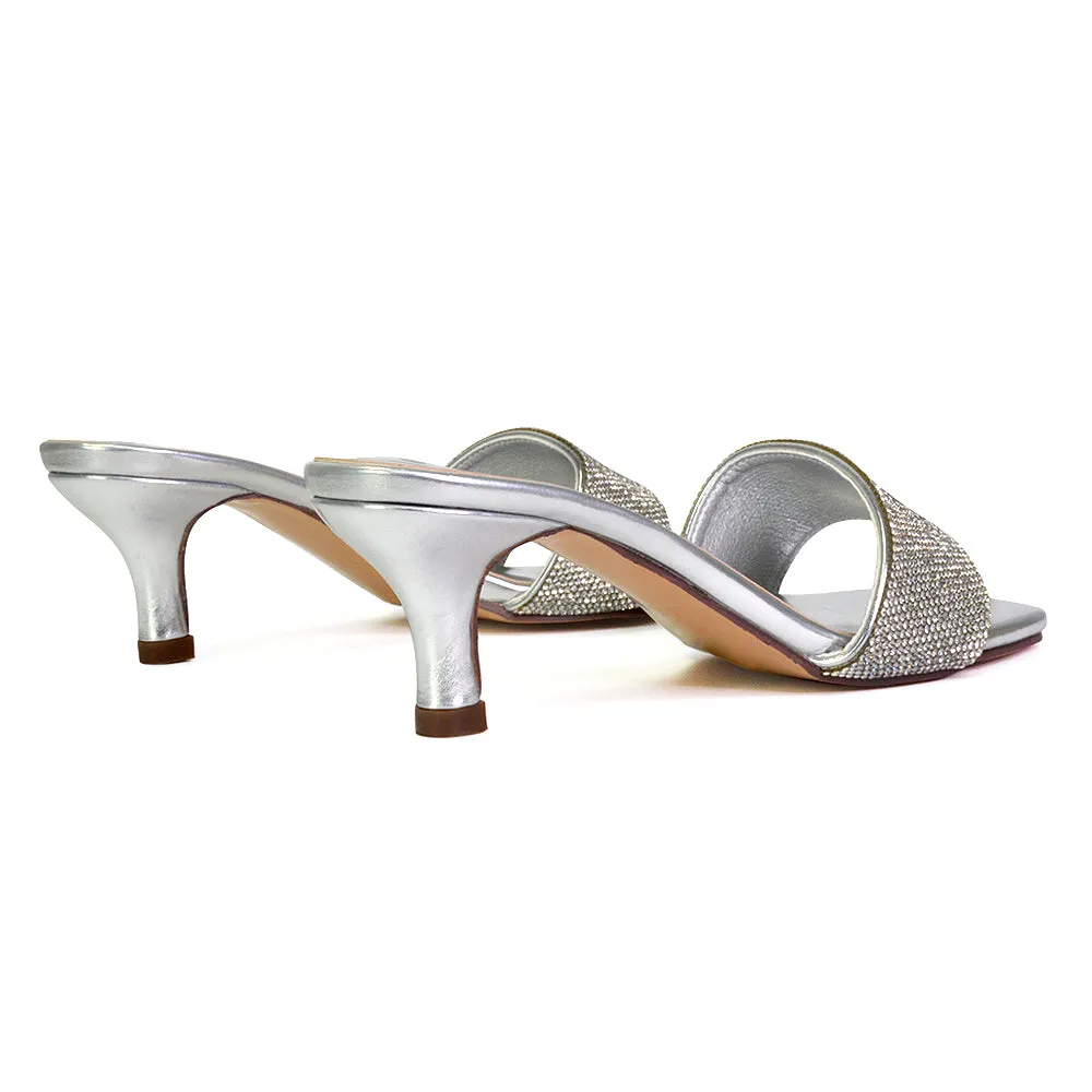 Chia Diamante Sparkly Strappy Square Toe Mid Kitten Heels Mules In Silver