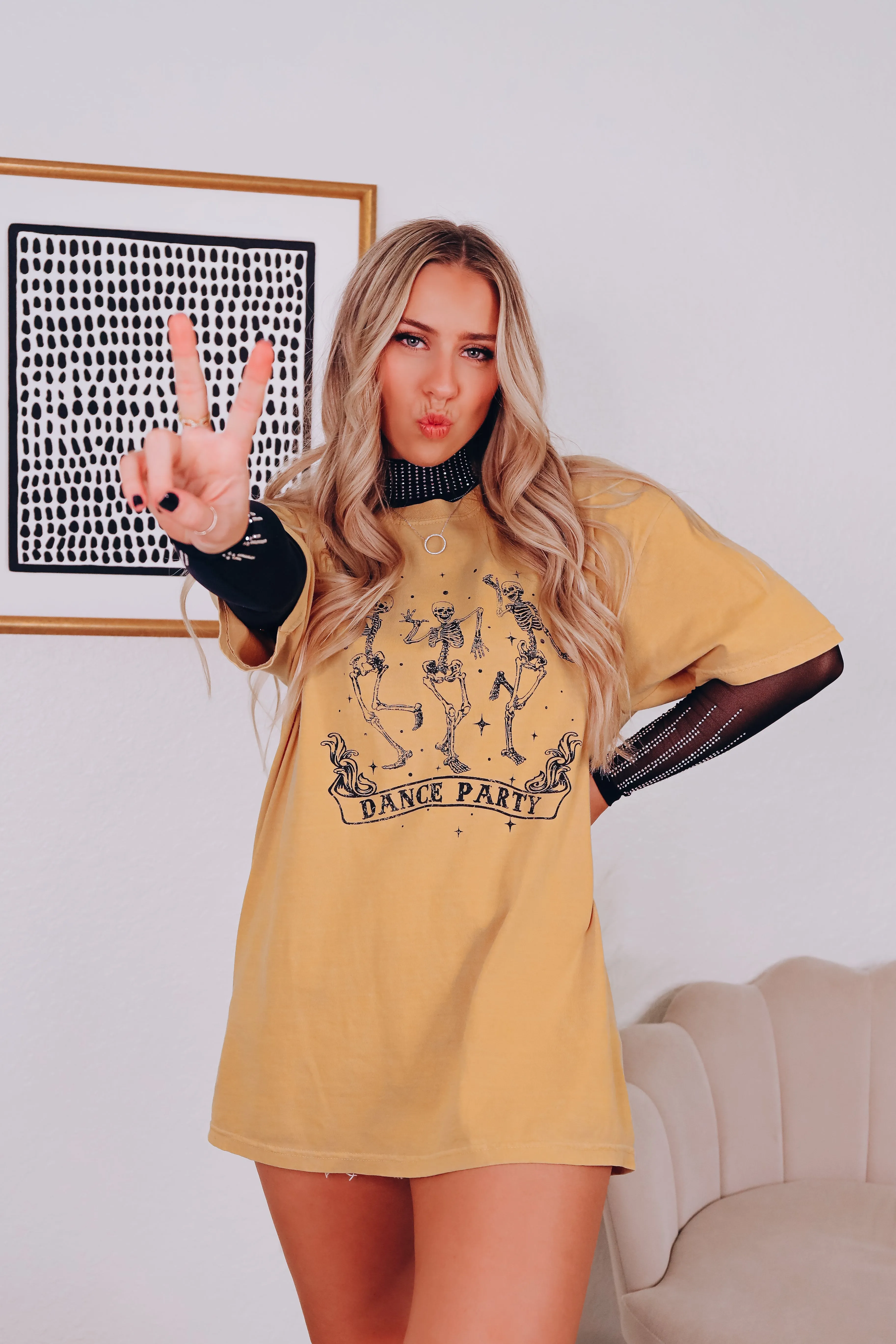 Dance Party Skeleton Graphic Tee - Yellow