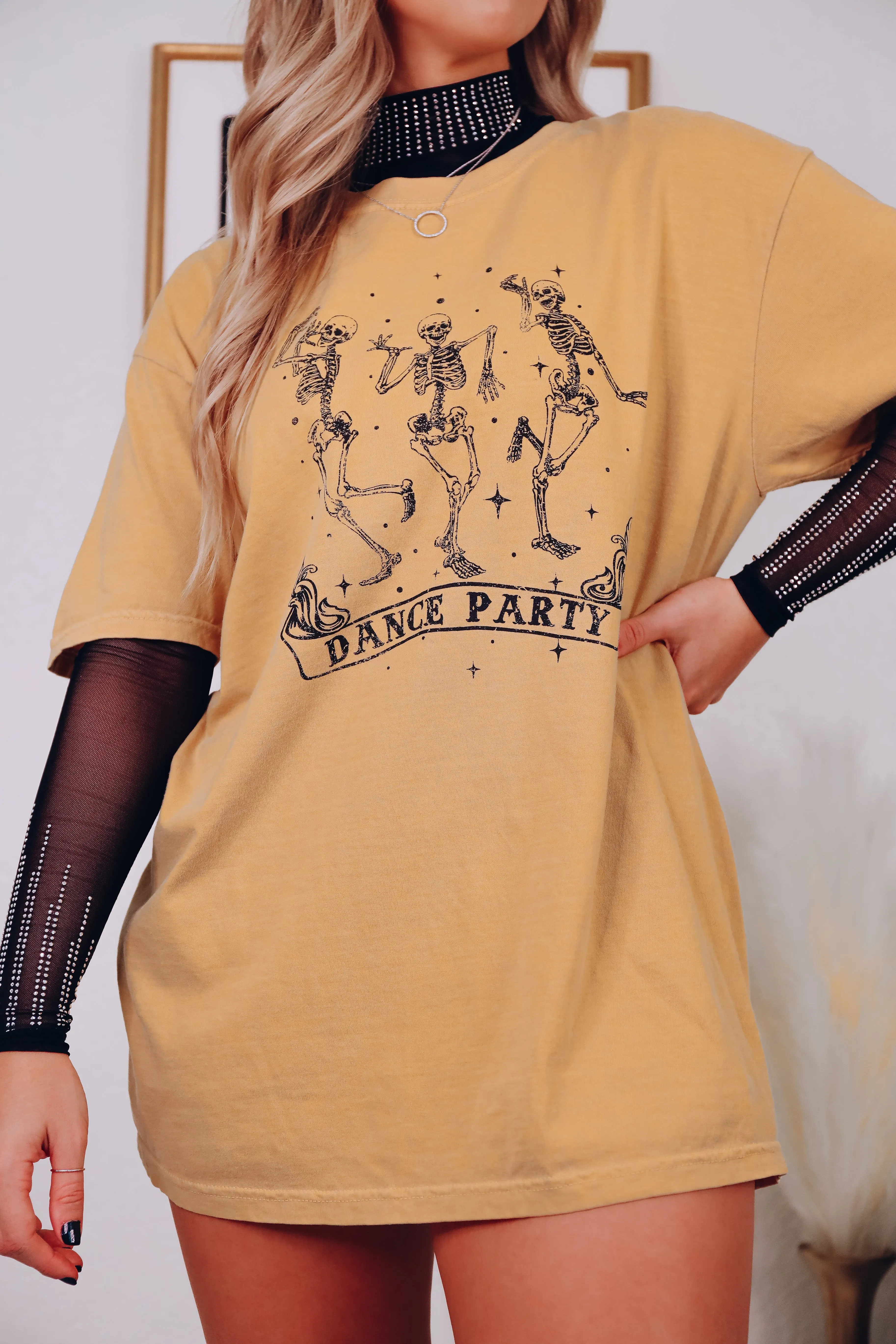 Dance Party Skeleton Graphic Tee - Yellow