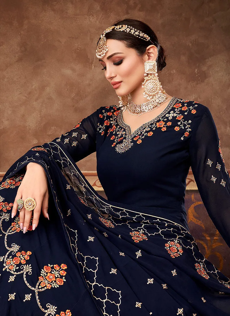 Dark Blue Traditional Embroidered Anarkali Suit