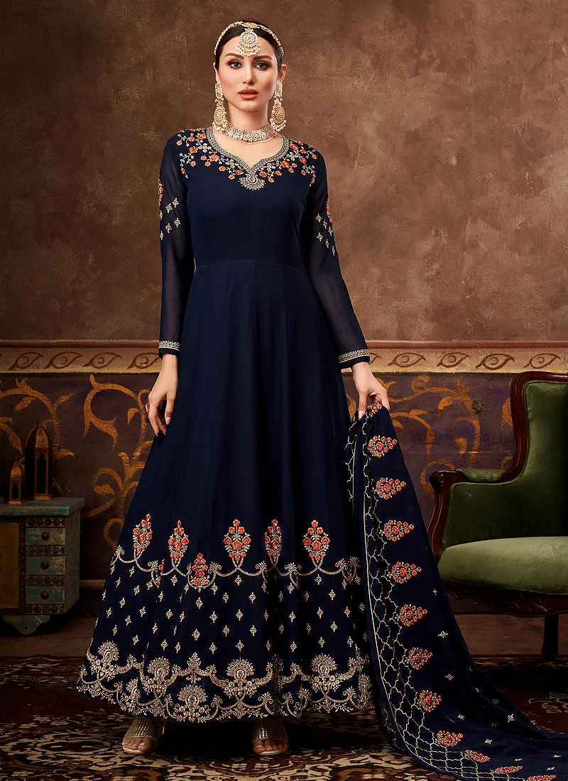 Dark Blue Traditional Embroidered Anarkali Suit